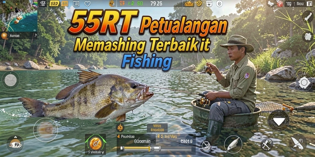 Screenshot 55RT menunjukkan momen seru saat menangkap ikan besar di laut.