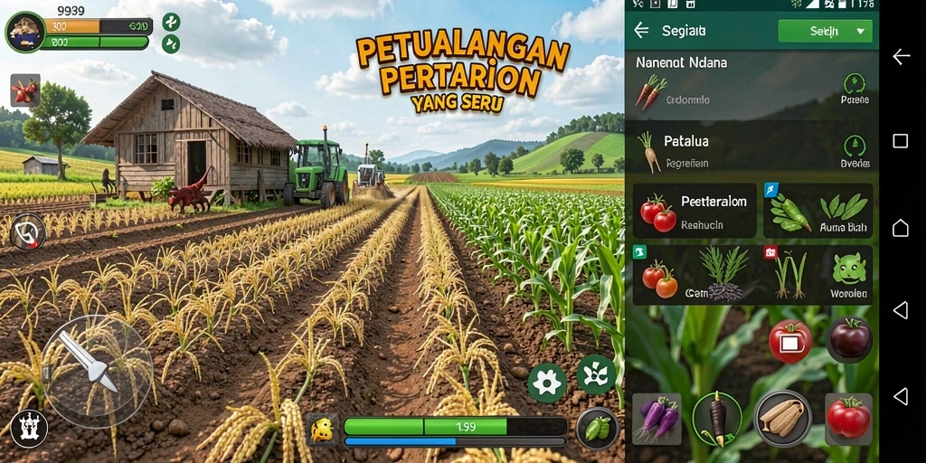Screenshot gameplay 9939 menampilkan kebun yang subur dan interaksi karakter.