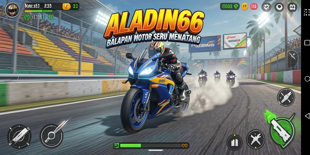 Gameplay menegangkan di ALADIN66 menampilkan balapan motor yang seru.