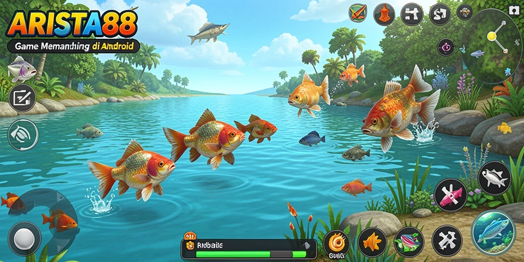 Tampilan gameplay ARISTA88 dengan beragam ikan dan lokasi memancing yang menakjubkan.
