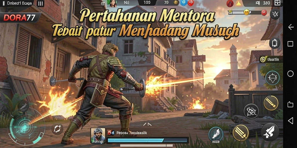 Screenshot gameplay DORA77 yang menunjukkan menara menghalau gelombang musuh.