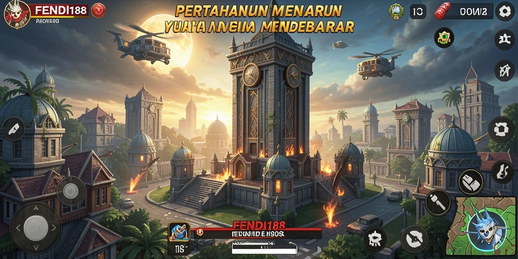 Tampilan gameplay FENDI188 dengan menara dan musuh yang dinamis.