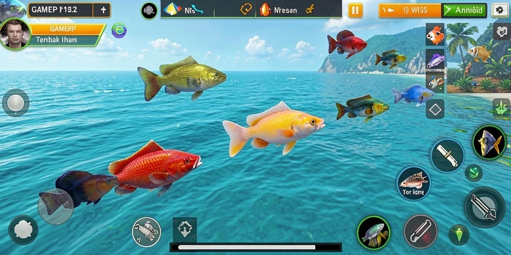 Screenshot menunjukkan aksi menembak ikan yang seru dalam GAMERP.