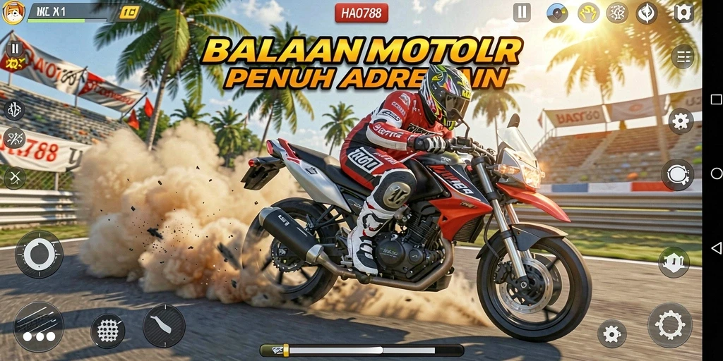 Tampilan gameplay HAO788 dengan aksi balapan motor yang mendebarkan.