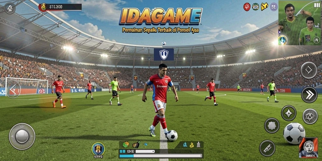 Tampilan gameplay IDAGAME dengan aksi sepak bola yang menegangkan.