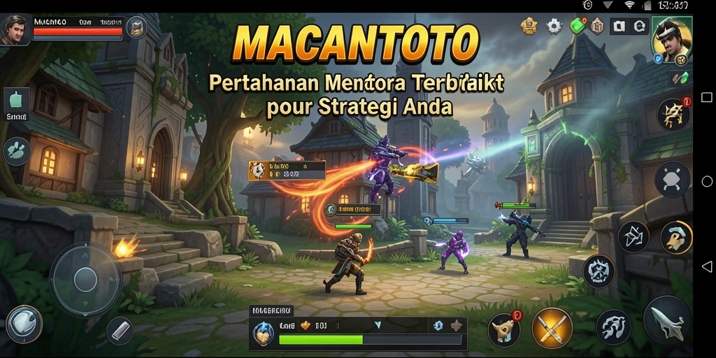 Screenshot gameplay MACANTOTO dengan pertahanan menara yang strategis.