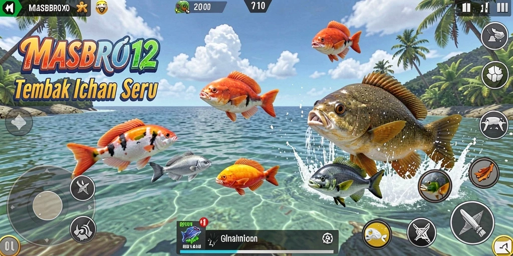 Screenshot gameplay MASBRO12 menampilkan aksi menembak ikan yang seru.