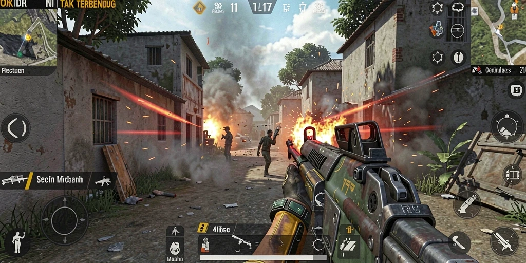 Tampilan screenshot gameplay OKIDR dengan pertempuran seru di latar belakang.