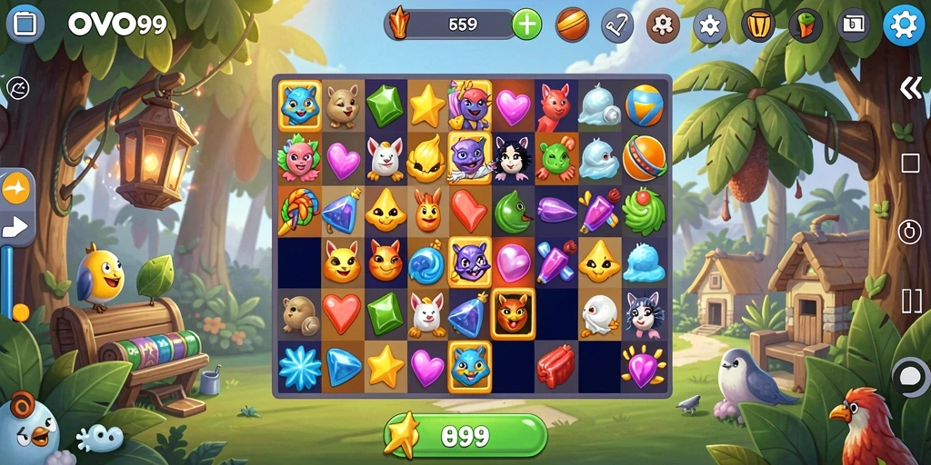 Screenshot gameplay OVO99 menampilkan kombinasi warna dan efek yang memukau.