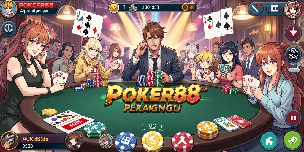 Tangkapan layar POKER88 menampilkan karakter anime yang sedang bermain poker.