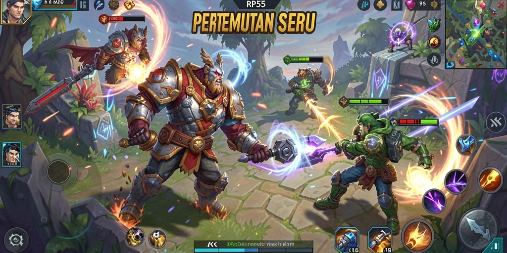Tangkapan layar gameplay RP55 menunjukkan aksi seru dalam pertempuran arena.